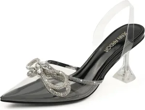 JENN ARDOR Women's Clear Heels Pointed Toe Kitten Heel Bow Pumps Rhinestone Strap Slingback Wedding Party Dress Shoes