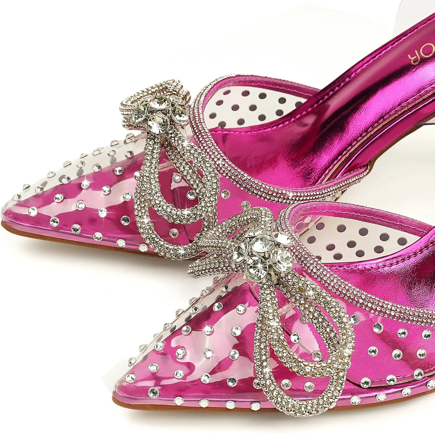 JENN ARDOR Women's Clear Heels Pointed Toe Kitten Heel Bow Pumps Rhinestone Strap Slingback Wedding Party Dress Shoes