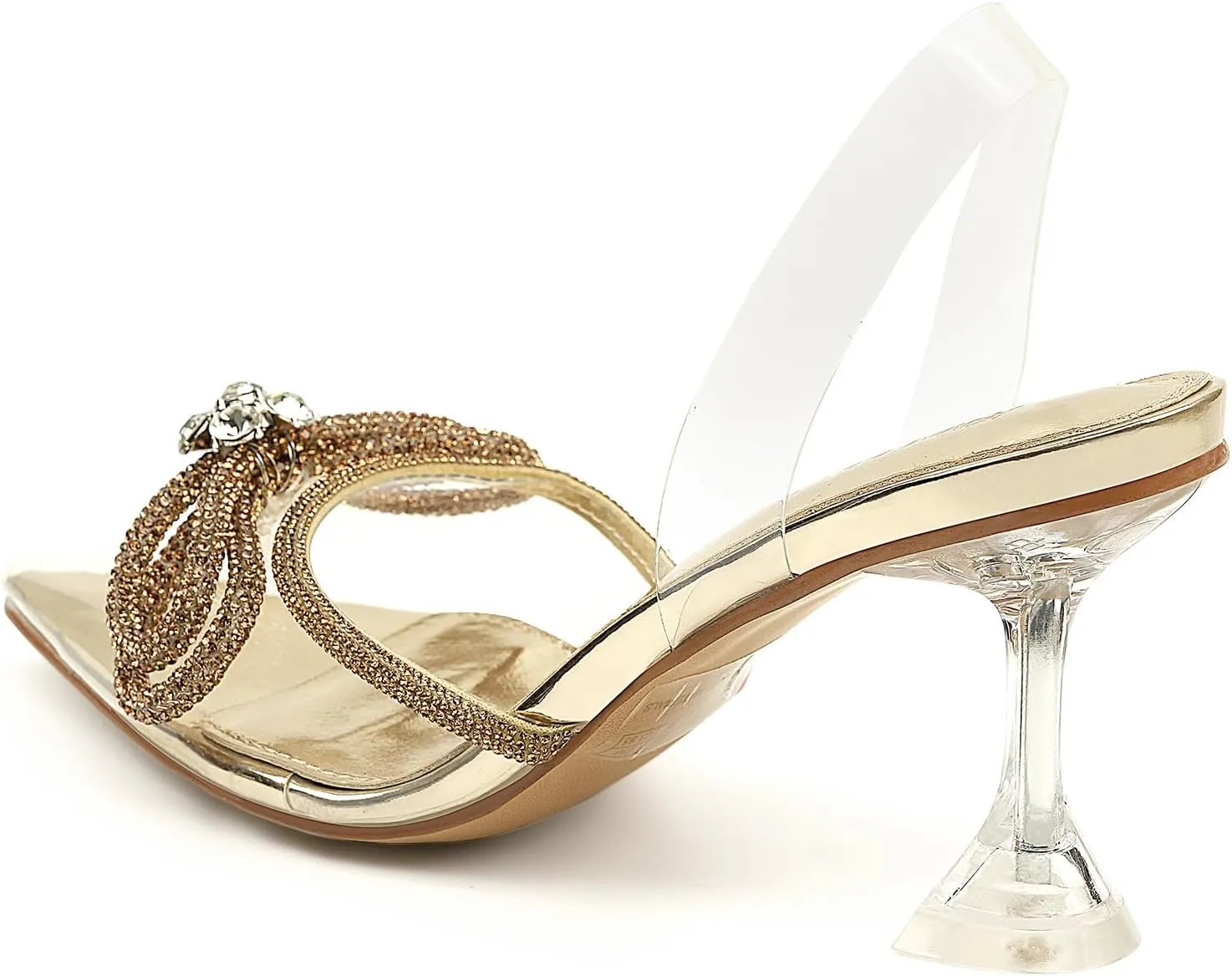 JENN ARDOR Women's Clear Heels Pointed Toe Kitten Heel Bow Pumps Rhinestone Strap Slingback Wedding Party Dress Shoes
