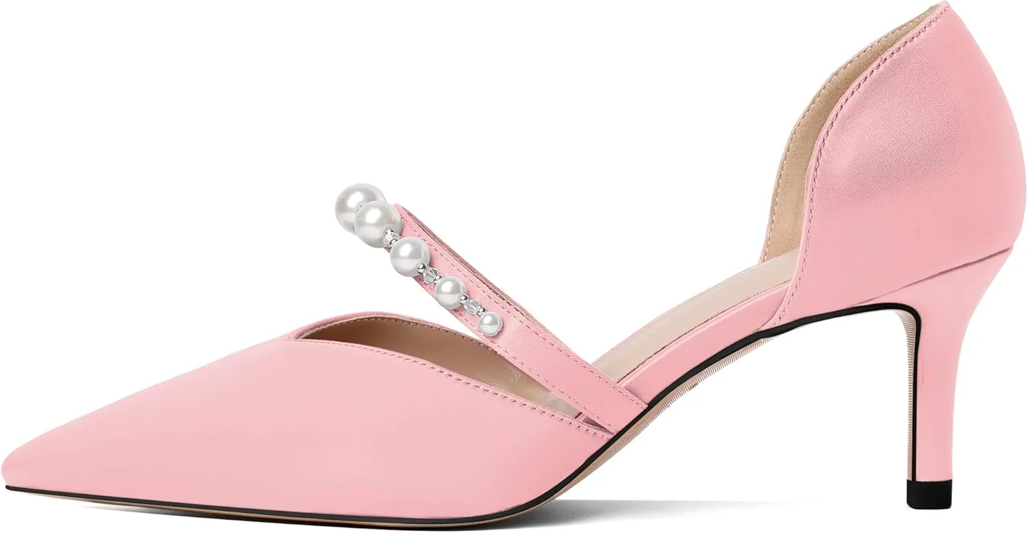 Joseywade Low Heels for Women Kitten Heels Pumps Pearl Strappy Closed Pointed Toe Slip-on 2.5 Inch Wedding Bridal Brides D'Orsay Dress Shoes
