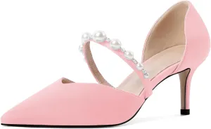 Joseywade Low Heels for Women Kitten Heels Pumps Pearl Strappy Closed Pointed Toe Slip-on 2.5 Inch Wedding Bridal Brides D'Orsay Dress Shoes