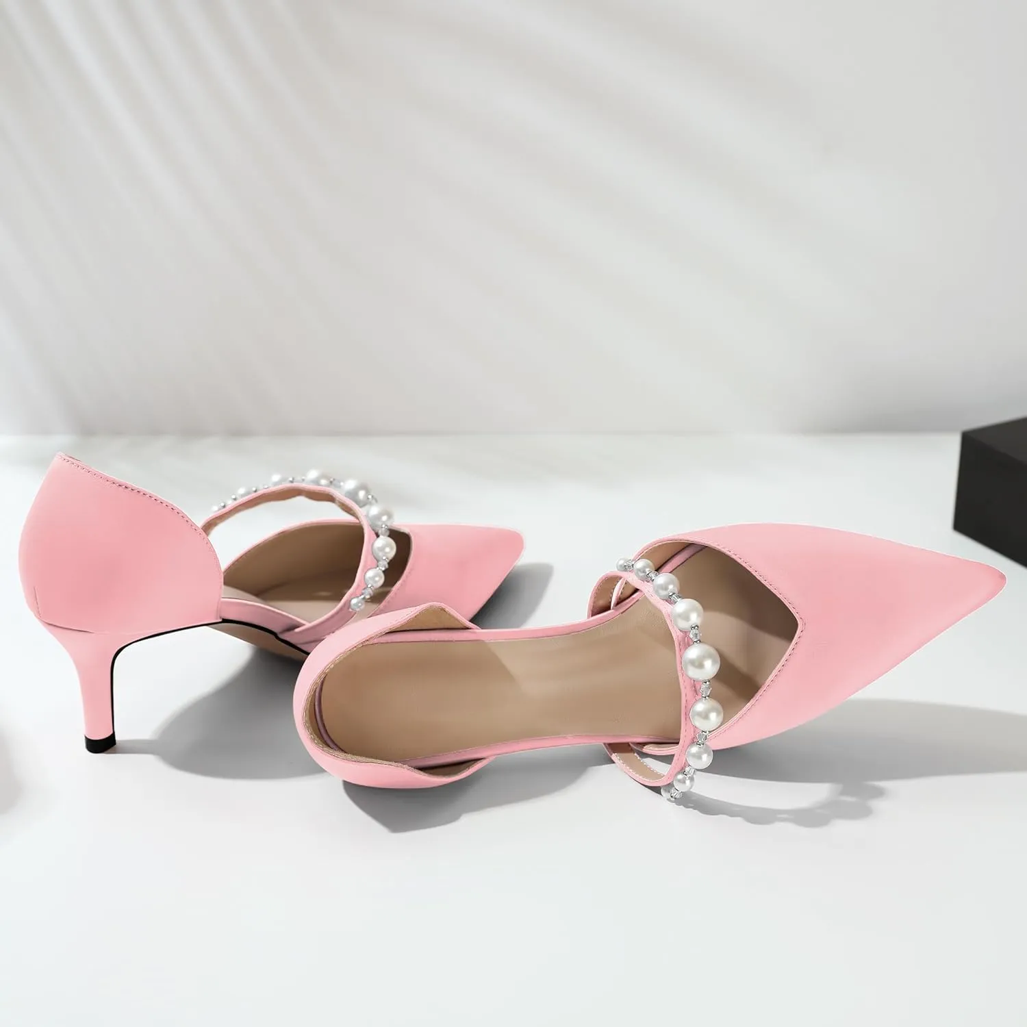 Joseywade Low Heels for Women Kitten Heels Pumps Pearl Strappy Closed Pointed Toe Slip-on 2.5 Inch Wedding Bridal Brides D'Orsay Dress Shoes