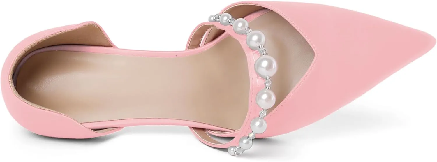 Joseywade Low Heels for Women Kitten Heels Pumps Pearl Strappy Closed Pointed Toe Slip-on 2.5 Inch Wedding Bridal Brides D'Orsay Dress Shoes