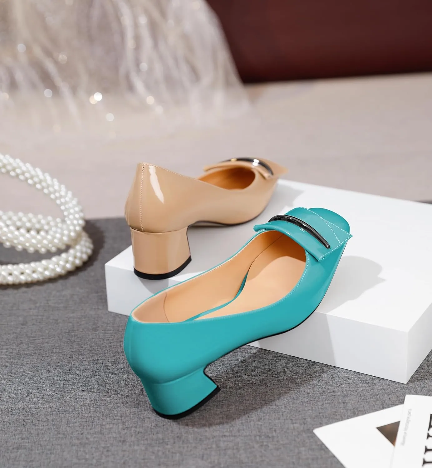 Joseywade Women Low Block Chunky Heel Pumps Slip On 2 Inches Closed Square Toe Comfort Shoes
