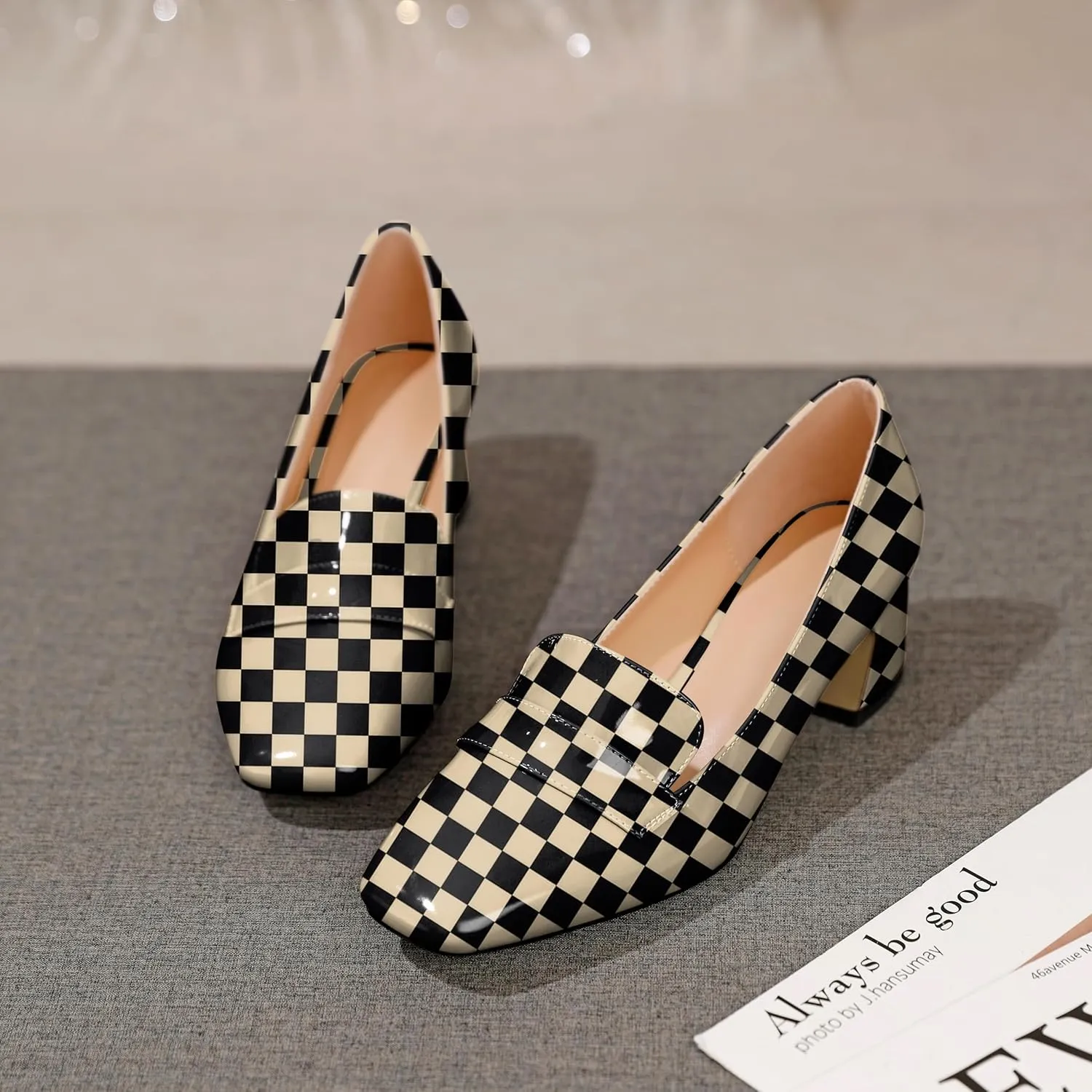 Joseywade Women Low Block Chunky Heels Pumps Slip On 2 Inch Square Toe Comfort Shoes