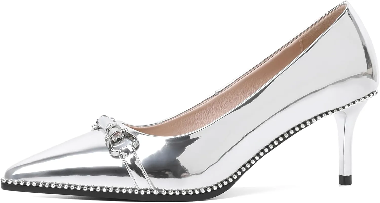 Joseywade Women Low Kitten Heel Pumps Slip On 2.5 Inches Closed Pointed Toe Beaded Metal Buckle Shoes