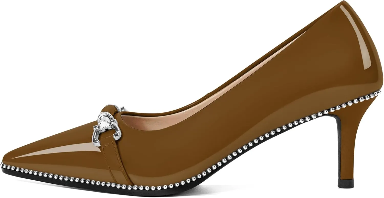 Joseywade Women Low Kitten Heel Pumps Slip On 2.5 Inches Closed Pointed Toe Beaded Metal Buckle Shoes
