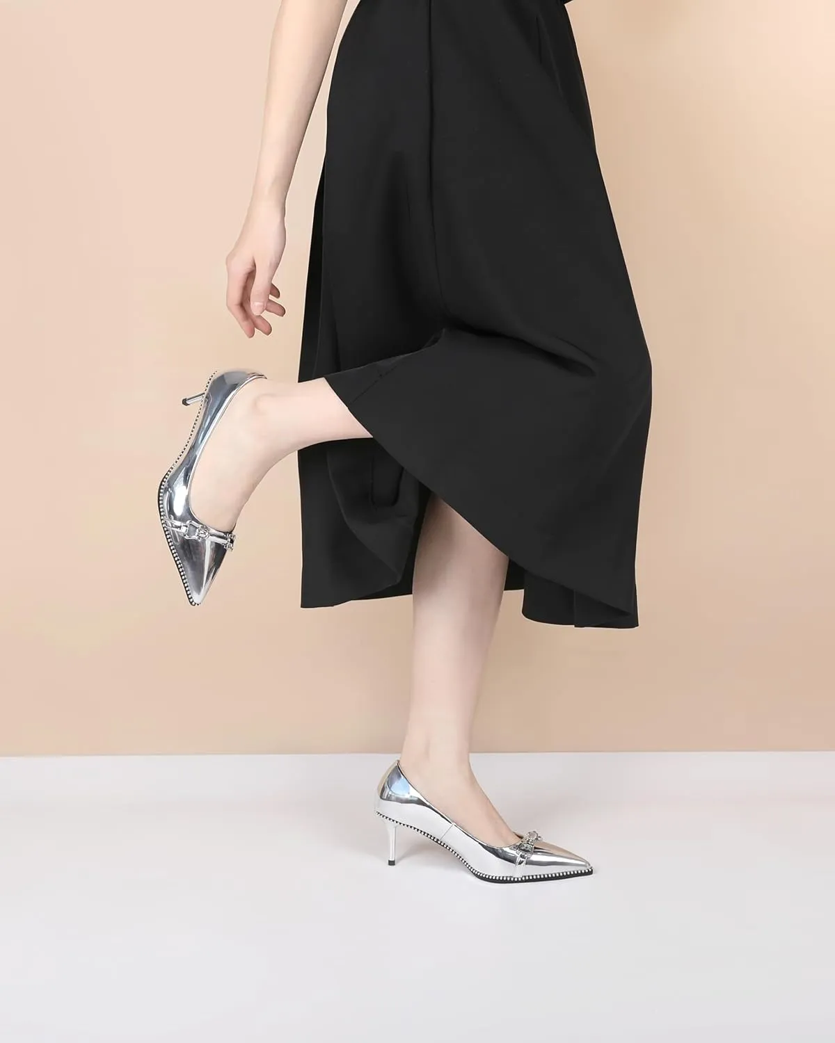 Joseywade Women Low Kitten Heel Pumps Slip On 2.5 Inches Closed Pointed Toe Beaded Metal Buckle Shoes