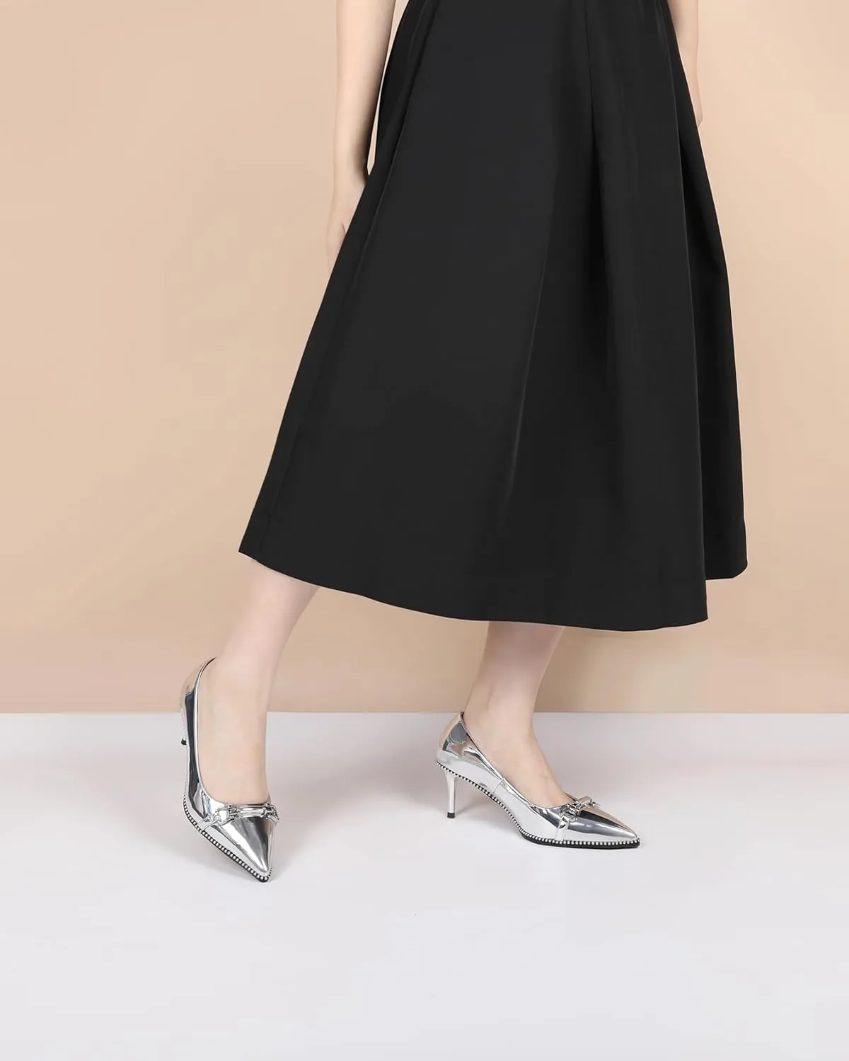 Joseywade Women Low Kitten Heel Pumps Slip On 2.5 Inches Closed Pointed Toe Beaded Metal Buckle Shoes