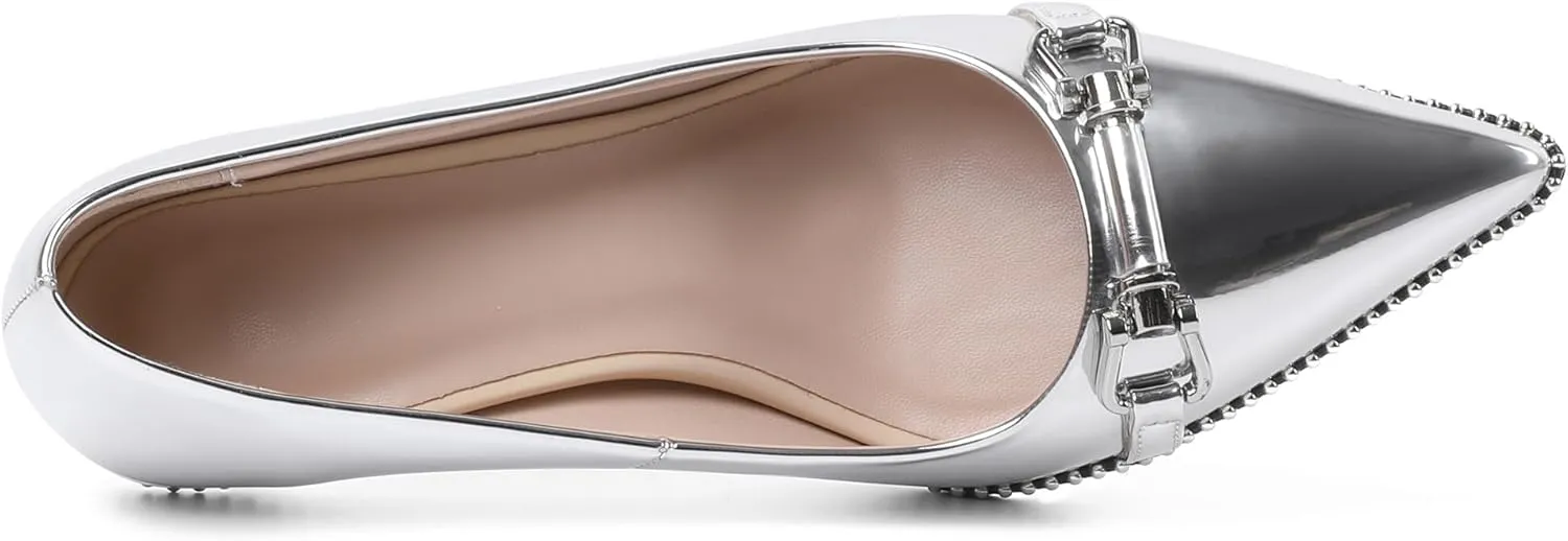 Joseywade Women Low Kitten Heel Pumps Slip On 2.5 Inches Closed Pointed Toe Beaded Metal Buckle Shoes