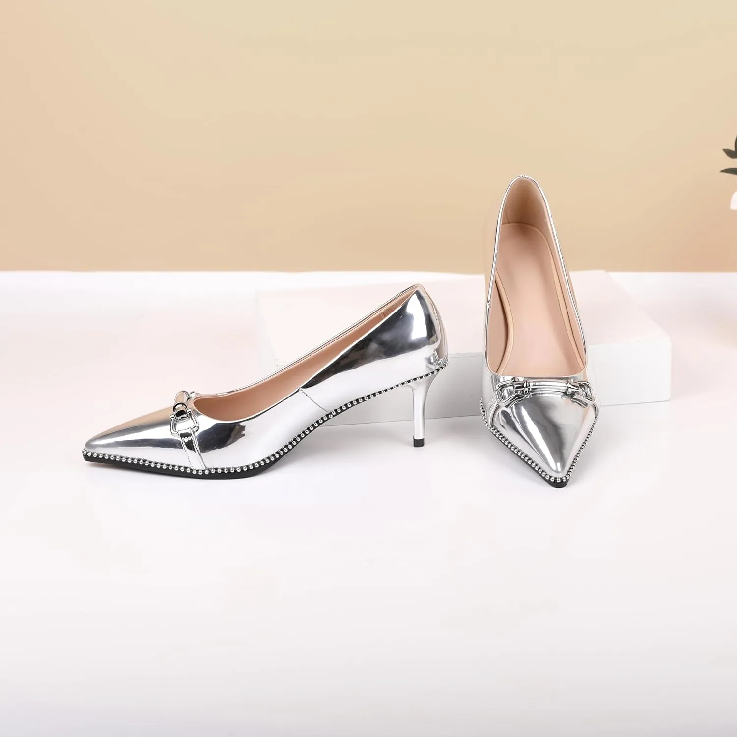 Joseywade Women Low Kitten Heel Pumps Slip On 2.5 Inches Closed Pointed Toe Beaded Metal Buckle Shoes