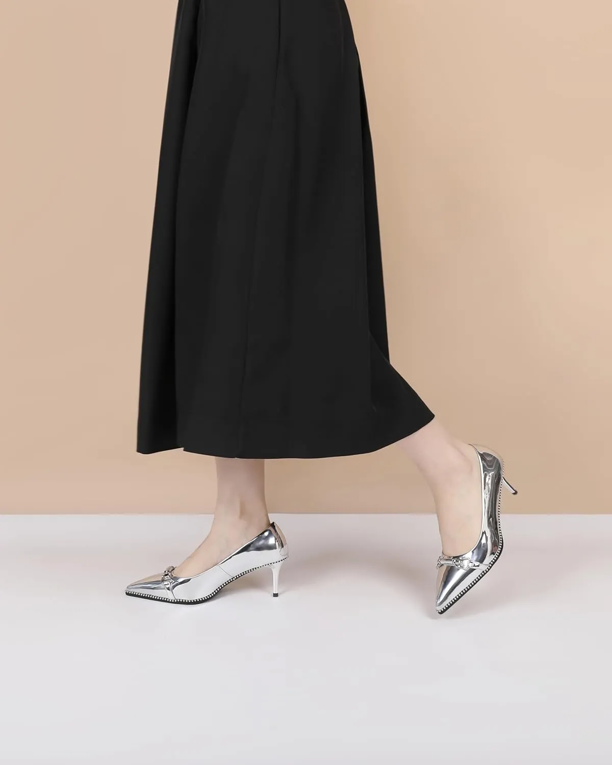 Joseywade Women Low Kitten Heel Pumps Slip On 2.5 Inches Closed Pointed Toe Beaded Metal Buckle Shoes