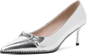Joseywade Women Low Kitten Heel Pumps Slip On 2.5 Inches Closed Pointed Toe Beaded Metal Buckle Shoes
