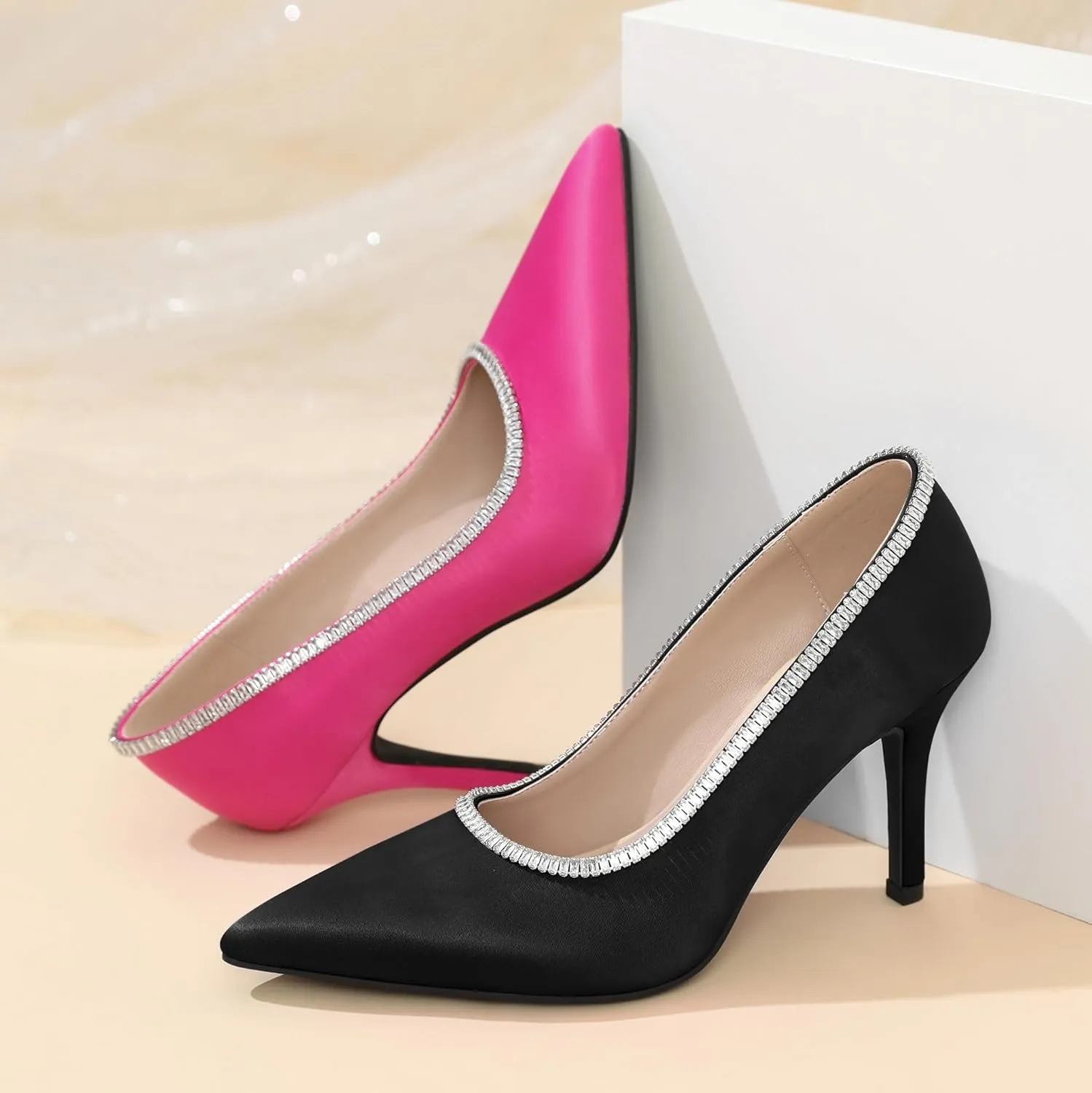 Joseywade Womens High Heels Pointed Toe Stiletto Heel Pumps Slip-on Rhinstone Crystal Chain Closed Toe 3.5 Inch Dress Shoes for Wedding Bridal Party