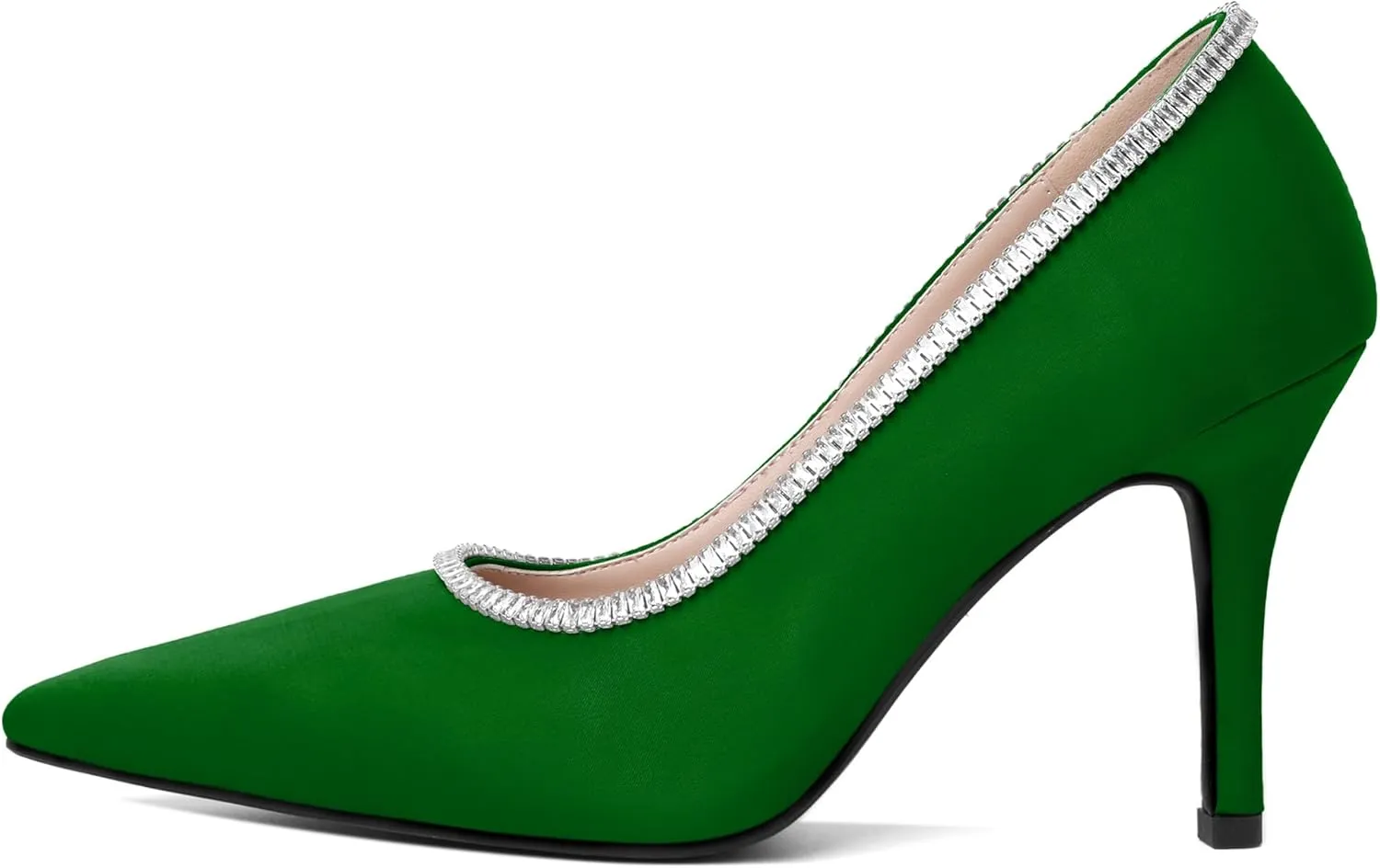 Joseywade Womens High Heels Pointed Toe Stiletto Heel Pumps Slip-on Rhinstone Crystal Chain Closed Toe 3.5 Inch Dress Shoes for Wedding Bridal Party