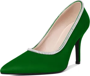 Joseywade Womens High Heels Pointed Toe Stiletto Heel Pumps Slip-on Rhinstone Crystal Chain Closed Toe 3.5 Inch Dress Shoes for Wedding Bridal Party