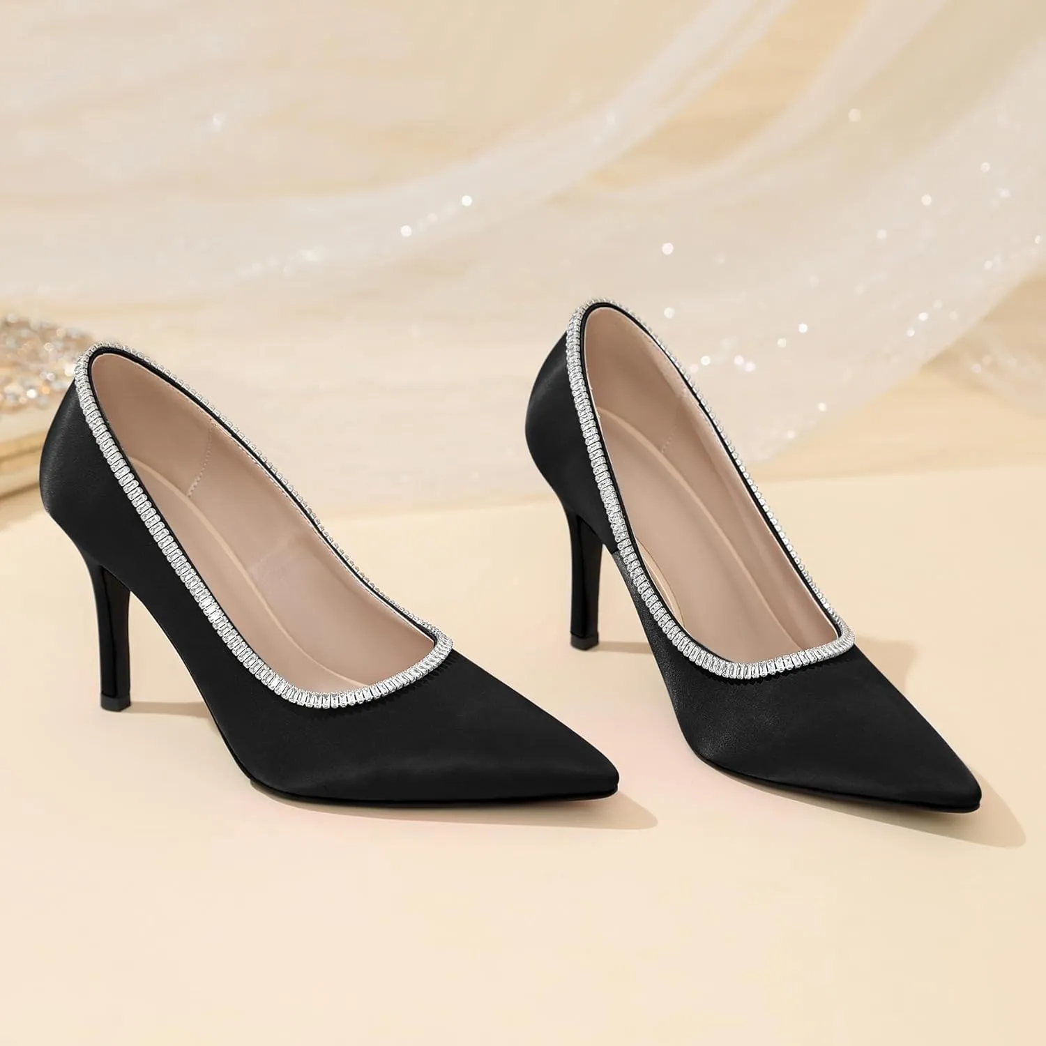Joseywade Womens High Heels Pointed Toe Stiletto Heel Pumps Slip-on Rhinstone Crystal Chain Closed Toe 3.5 Inch Dress Shoes for Wedding Bridal Party