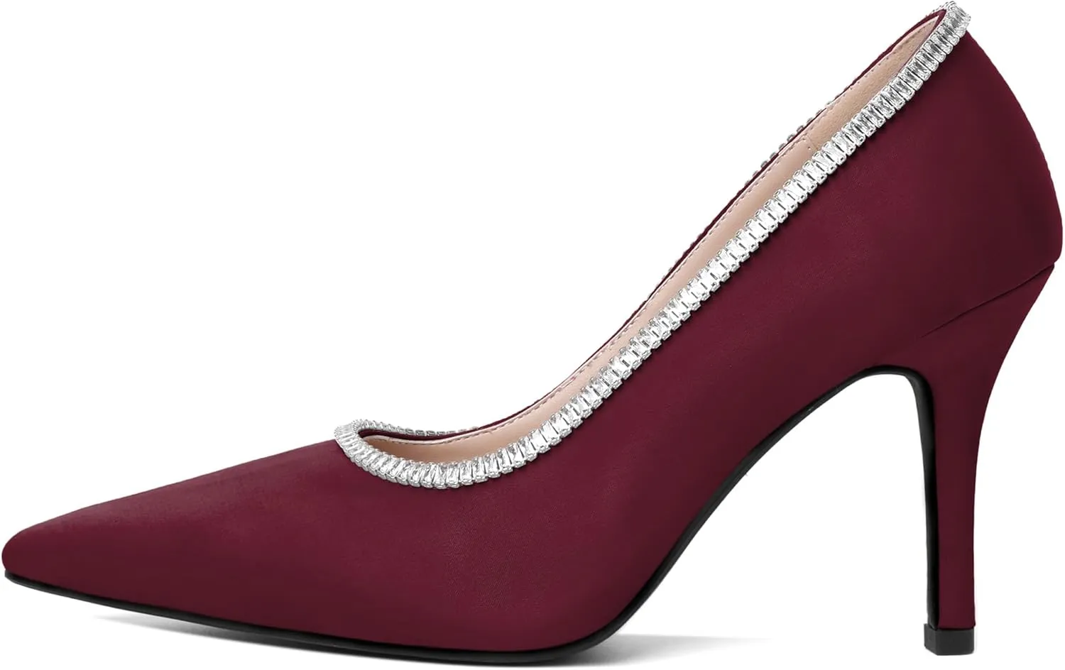 Joseywade Womens High Heels Pointed Toe Stiletto Heel Pumps Slip-on Rhinstone Crystal Chain Closed Toe 3.5 Inch Dress Shoes for Wedding Bridal Party