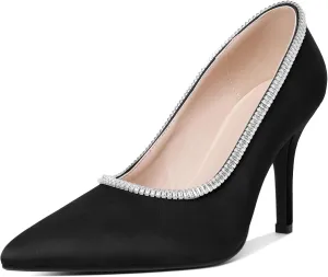 Joseywade Womens High Heels Pointed Toe Stiletto Heel Pumps Slip-on Rhinstone Crystal Chain Closed Toe 3.5 Inch Dress Shoes for Wedding Bridal Party