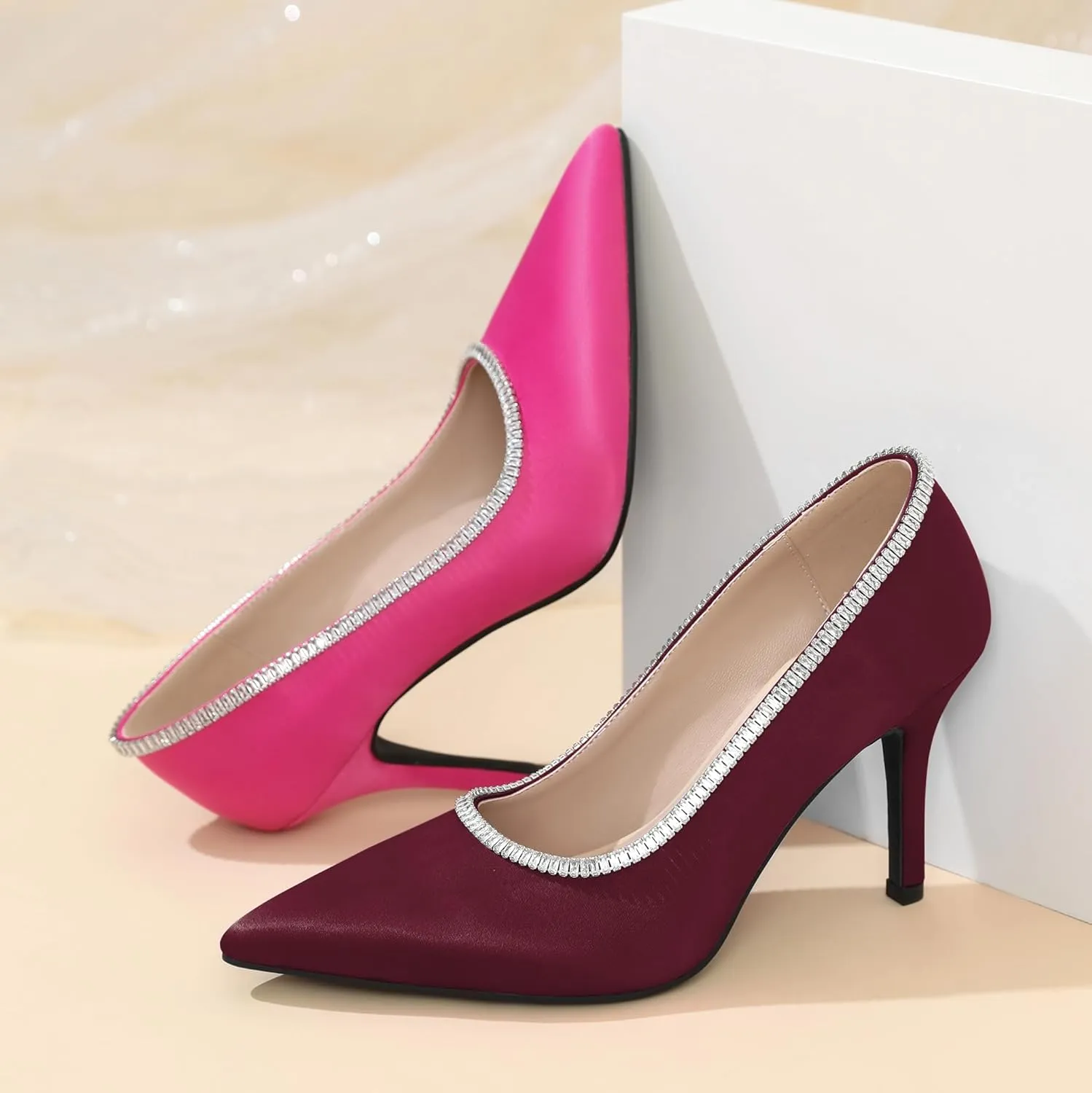 Joseywade Womens High Heels Pointed Toe Stiletto Heel Pumps Slip-on Rhinstone Crystal Chain Closed Toe 3.5 Inch Dress Shoes for Wedding Bridal Party