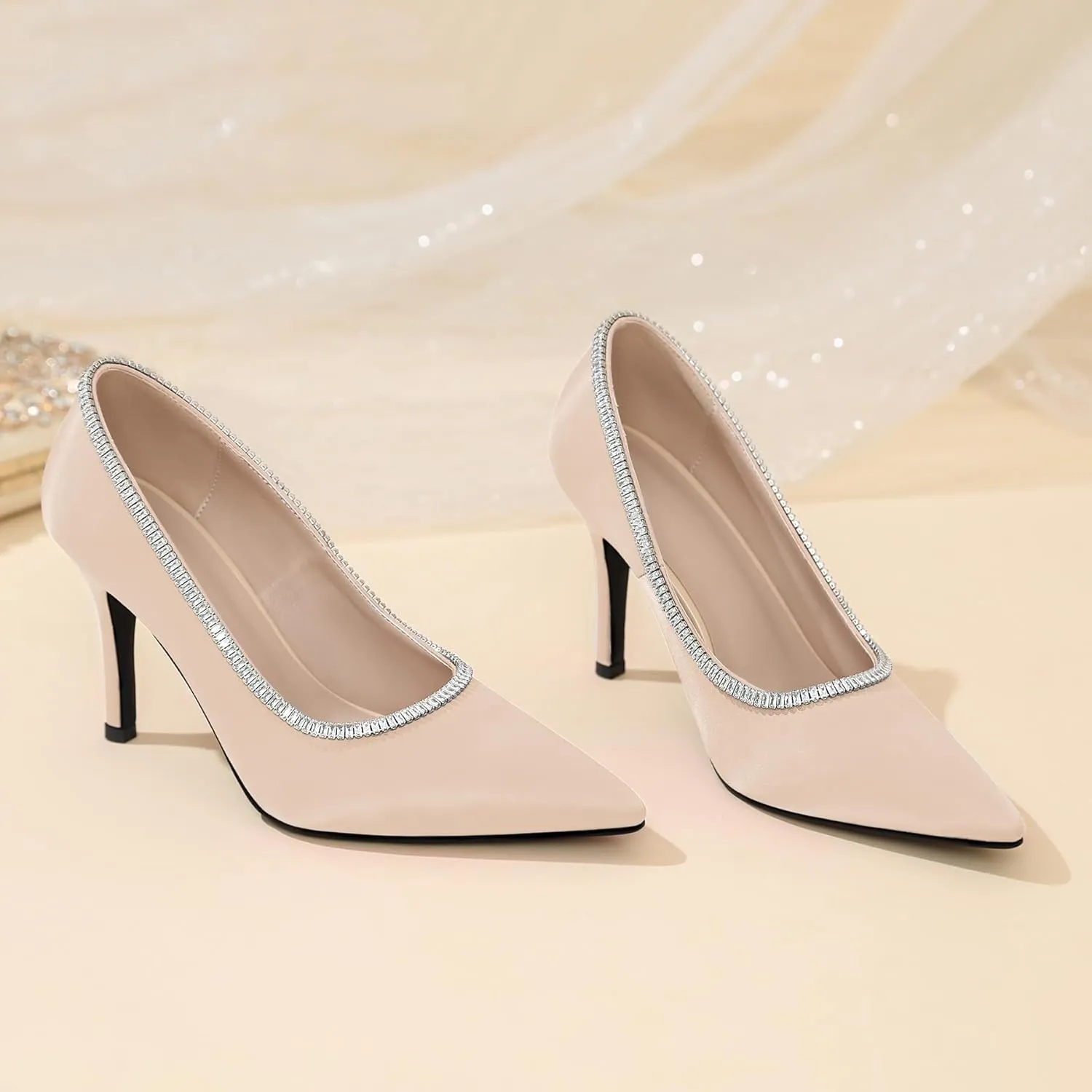 Joseywade Womens High Heels Pointed Toe Stiletto Heel Pumps Slip-on Rhinstone Crystal Chain Closed Toe 3.5 Inch Dress Shoes for Wedding Bridal Party