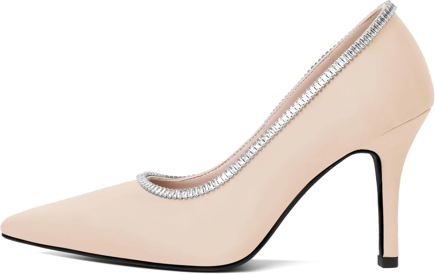 Joseywade Womens High Heels Pointed Toe Stiletto Heel Pumps Slip-on Rhinstone Crystal Chain Closed Toe 3.5 Inch Dress Shoes for Wedding Bridal Party