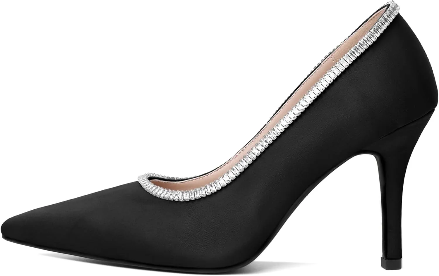 Joseywade Womens High Heels Pointed Toe Stiletto Heel Pumps Slip-on Rhinstone Crystal Chain Closed Toe 3.5 Inch Dress Shoes for Wedding Bridal Party