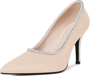 Joseywade Womens High Heels Pointed Toe Stiletto Heel Pumps Slip-on Rhinstone Crystal Chain Closed Toe 3.5 Inch Dress Shoes for Wedding Bridal Party