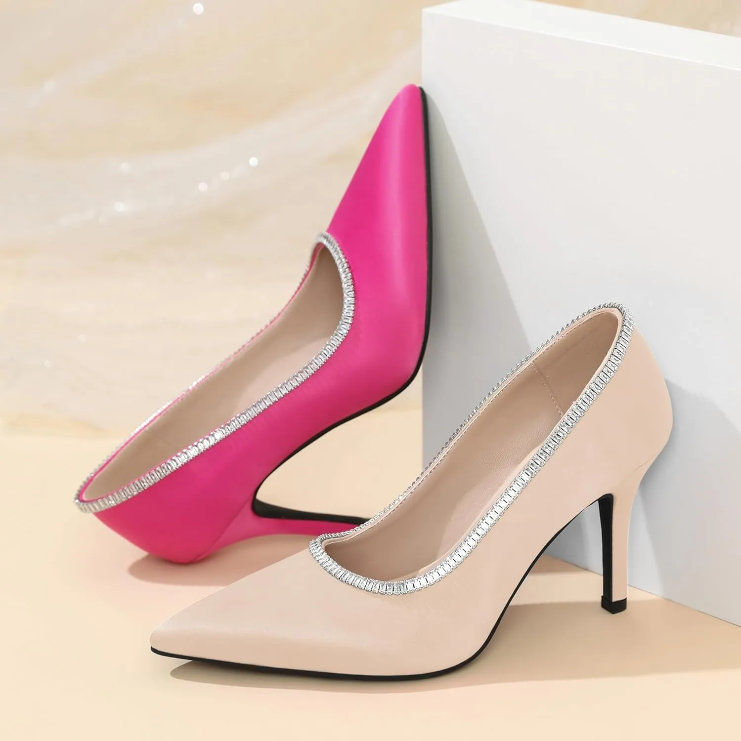 Joseywade Womens High Heels Pointed Toe Stiletto Heel Pumps Slip-on Rhinstone Crystal Chain Closed Toe 3.5 Inch Dress Shoes for Wedding Bridal Party