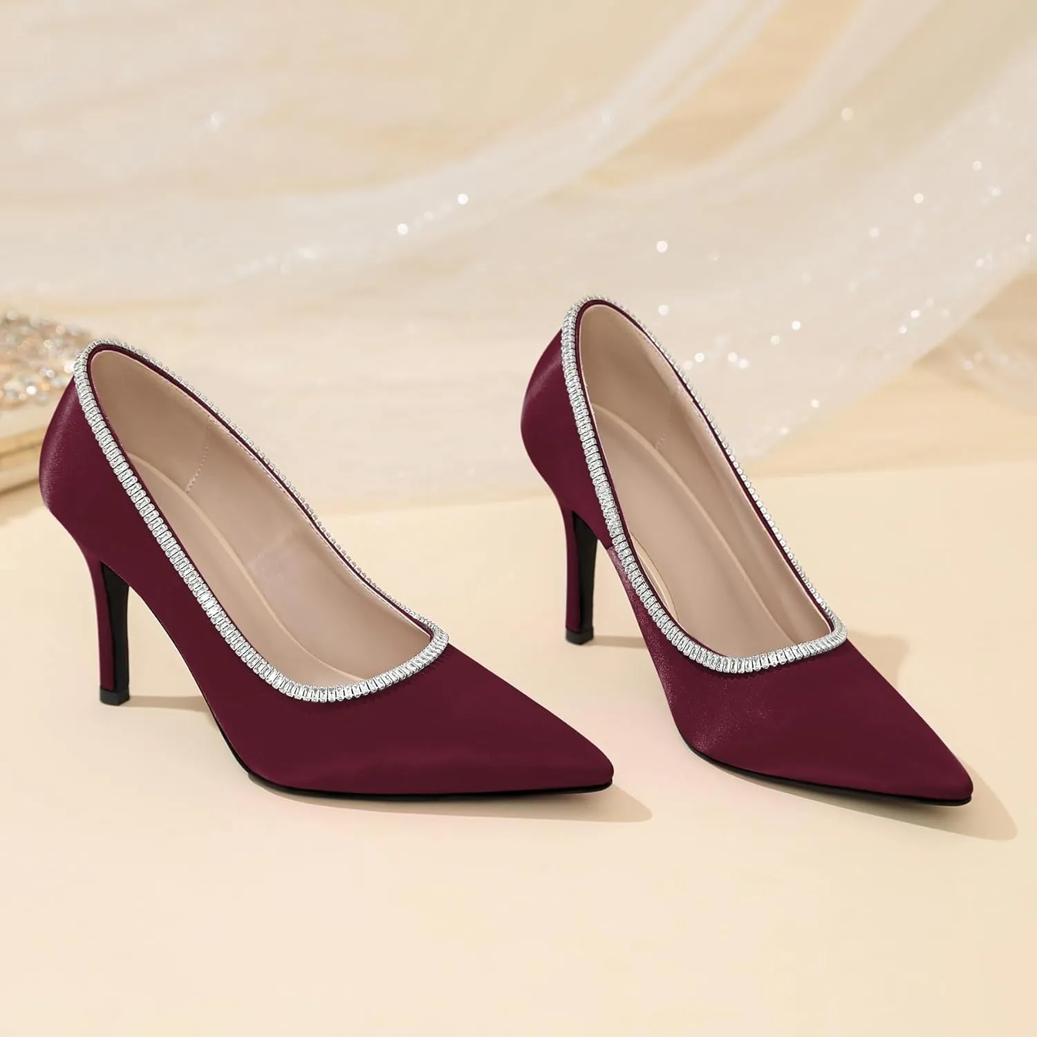 Joseywade Womens High Heels Pointed Toe Stiletto Heel Pumps Slip-on Rhinstone Crystal Chain Closed Toe 3.5 Inch Dress Shoes for Wedding Bridal Party