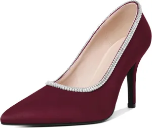 Joseywade Womens High Heels Pointed Toe Stiletto Heel Pumps Slip-on Rhinstone Crystal Chain Closed Toe 3.5 Inch Dress Shoes for Wedding Bridal Party