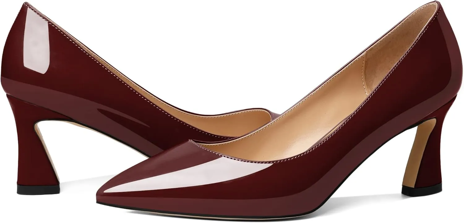 Joseywade Women's Low Heel Pumps 2.5 Inch Closed Pointed Toe Kitten Heel Slip On Business Leather Flare Heel Dressy Shoes