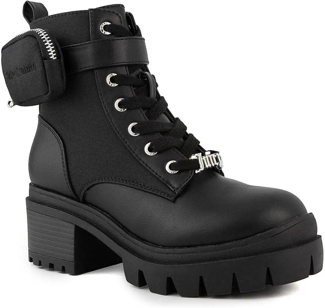 JUICY COUTURE Women's Lace Up Lug Sole Hiker Booties with Faux Fur Cuff, Winter Fashion Ankle Boots, Outdoor Hiking Shoes