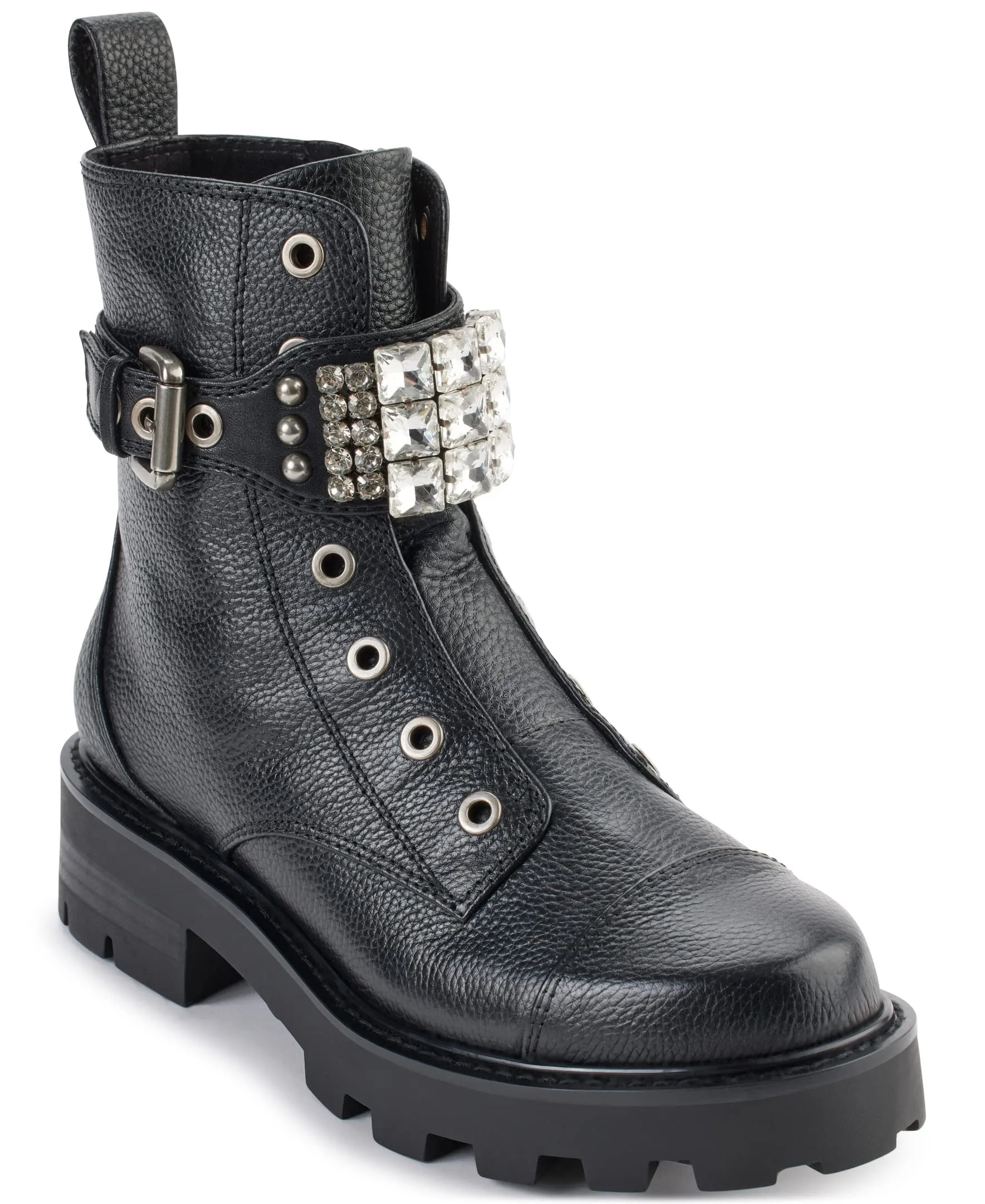 Karl Lagerfeld Paris Women's Lug-Sole Maeva Combat Boot with Crystal Detail Fashion, Black, 5