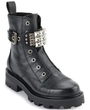 Karl Lagerfeld Paris Women's Lug-Sole Maeva Combat Boot with Crystal Detail Fashion, Black, 5