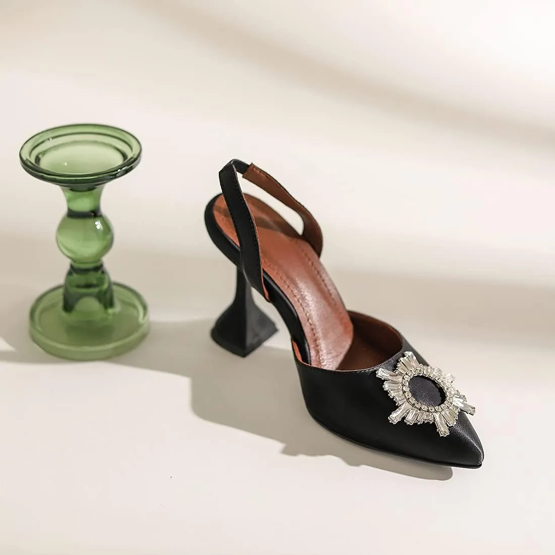 keleimusi Women's Satin Pumps High Heel Sandals Slip On Sexy Closed Toe Crystal Slingback Pumps Wedding Party Summer Shoes
