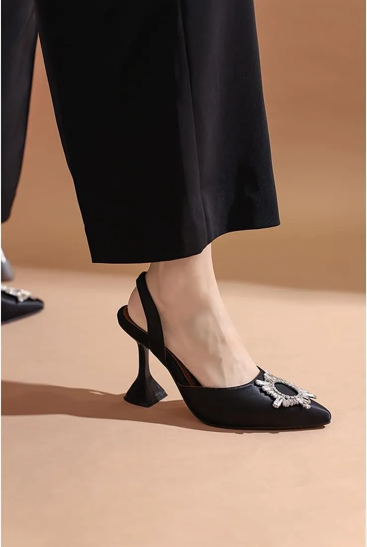 keleimusi Women's Satin Pumps High Heel Sandals Slip On Sexy Closed Toe Crystal Slingback Pumps Wedding Party Summer Shoes