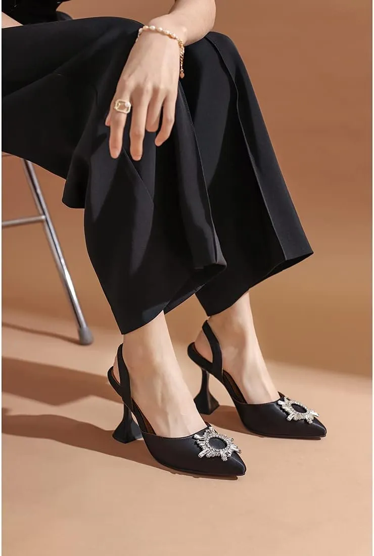 keleimusi Women's Satin Pumps High Heel Sandals Slip On Sexy Closed Toe Crystal Slingback Pumps Wedding Party Summer Shoes
