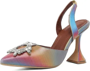 keleimusi Women's Satin Pumps High Heel Sandals Slip On Sexy Closed Toe Crystal Slingback Pumps Wedding Party Summer Shoes