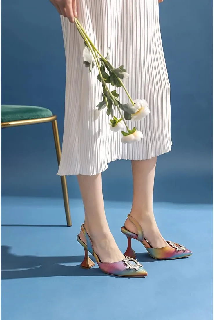 keleimusi Women's Satin Pumps High Heel Sandals Slip On Sexy Closed Toe Crystal Slingback Pumps Wedding Party Summer Shoes
