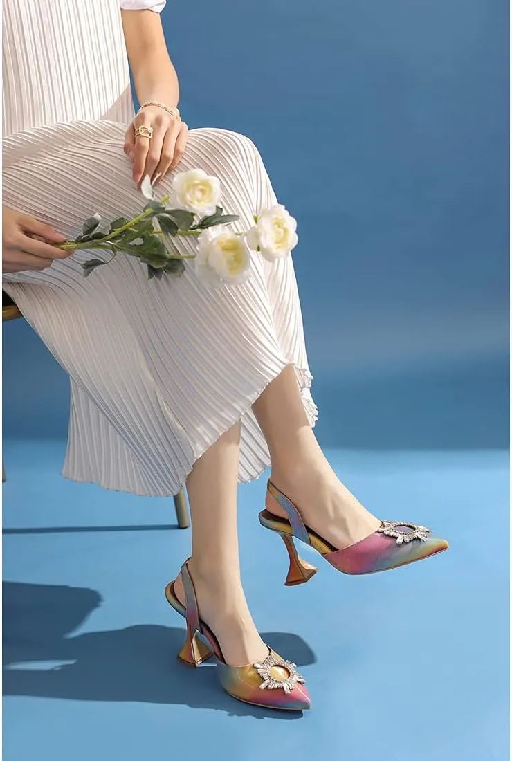 keleimusi Women's Satin Pumps High Heel Sandals Slip On Sexy Closed Toe Crystal Slingback Pumps Wedding Party Summer Shoes