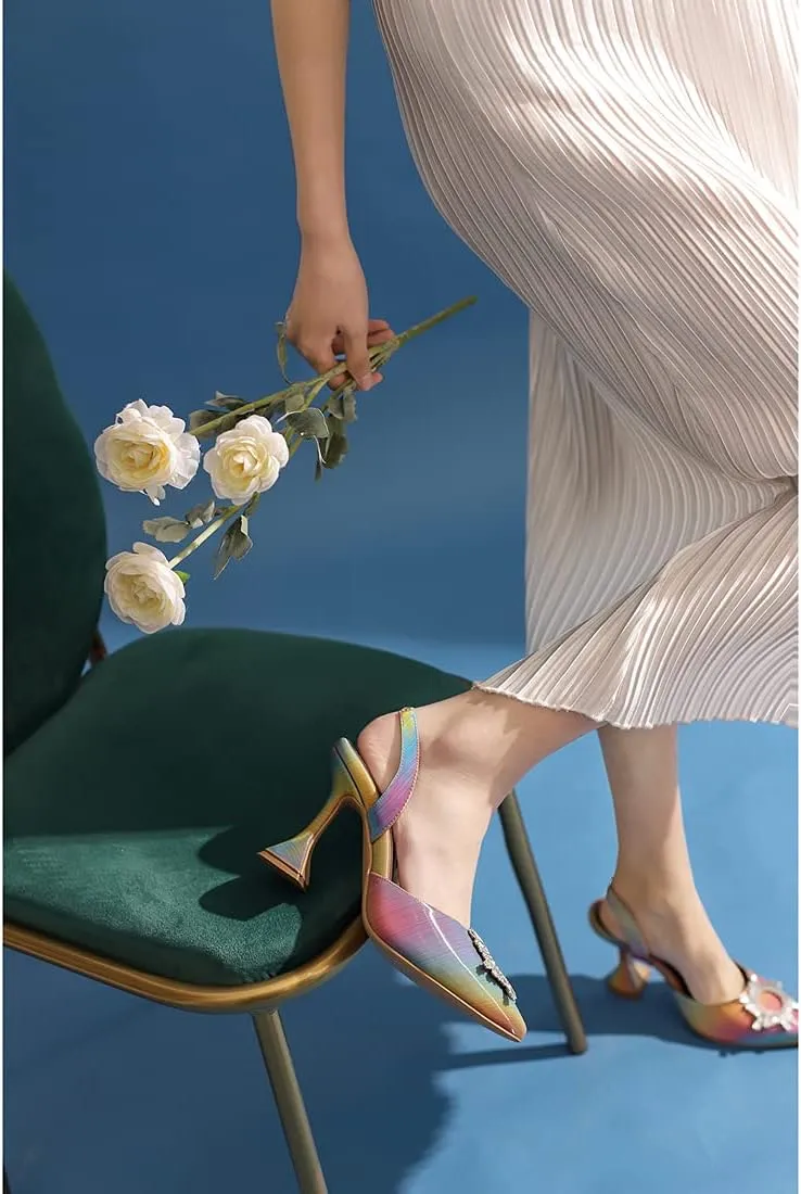 keleimusi Women's Satin Pumps High Heel Sandals Slip On Sexy Closed Toe Crystal Slingback Pumps Wedding Party Summer Shoes