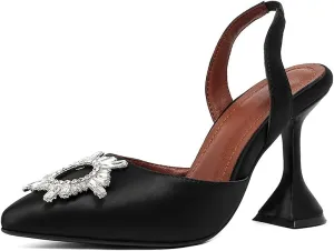keleimusi Women's Satin Pumps High Heel Sandals Slip On Sexy Closed Toe Crystal Slingback Pumps Wedding Party Summer Shoes