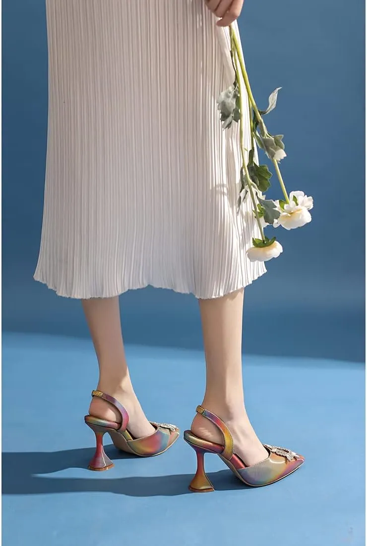 keleimusi Women's Satin Pumps High Heel Sandals Slip On Sexy Closed Toe Crystal Slingback Pumps Wedding Party Summer Shoes