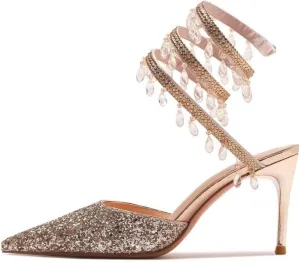 keleimusi Womens Spiral Chandelier Around-Staps Pumps Glitter Pointed Toe Stiletto High Heels