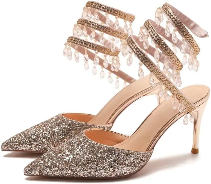 keleimusi Womens Spiral Chandelier Around-Staps Pumps Glitter Pointed Toe Stiletto High Heels