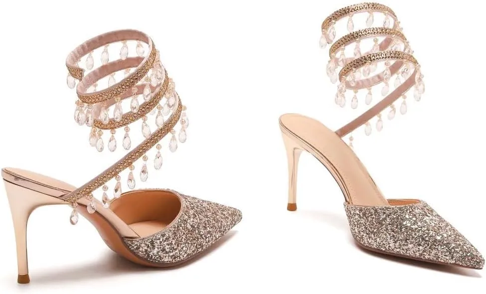 keleimusi Womens Spiral Chandelier Around-Staps Pumps Glitter Pointed Toe Stiletto High Heels