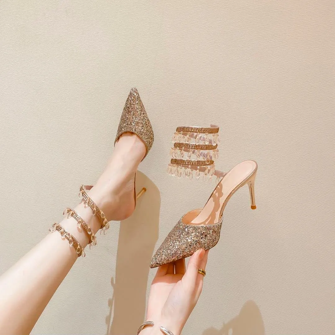 keleimusi Womens Spiral Chandelier Around-Staps Pumps Glitter Pointed Toe Stiletto High Heels