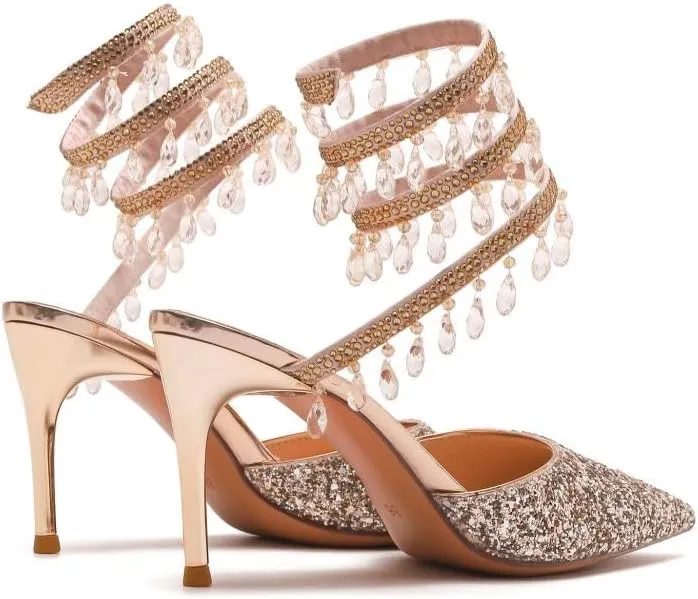 keleimusi Womens Spiral Chandelier Around-Staps Pumps Glitter Pointed Toe Stiletto High Heels