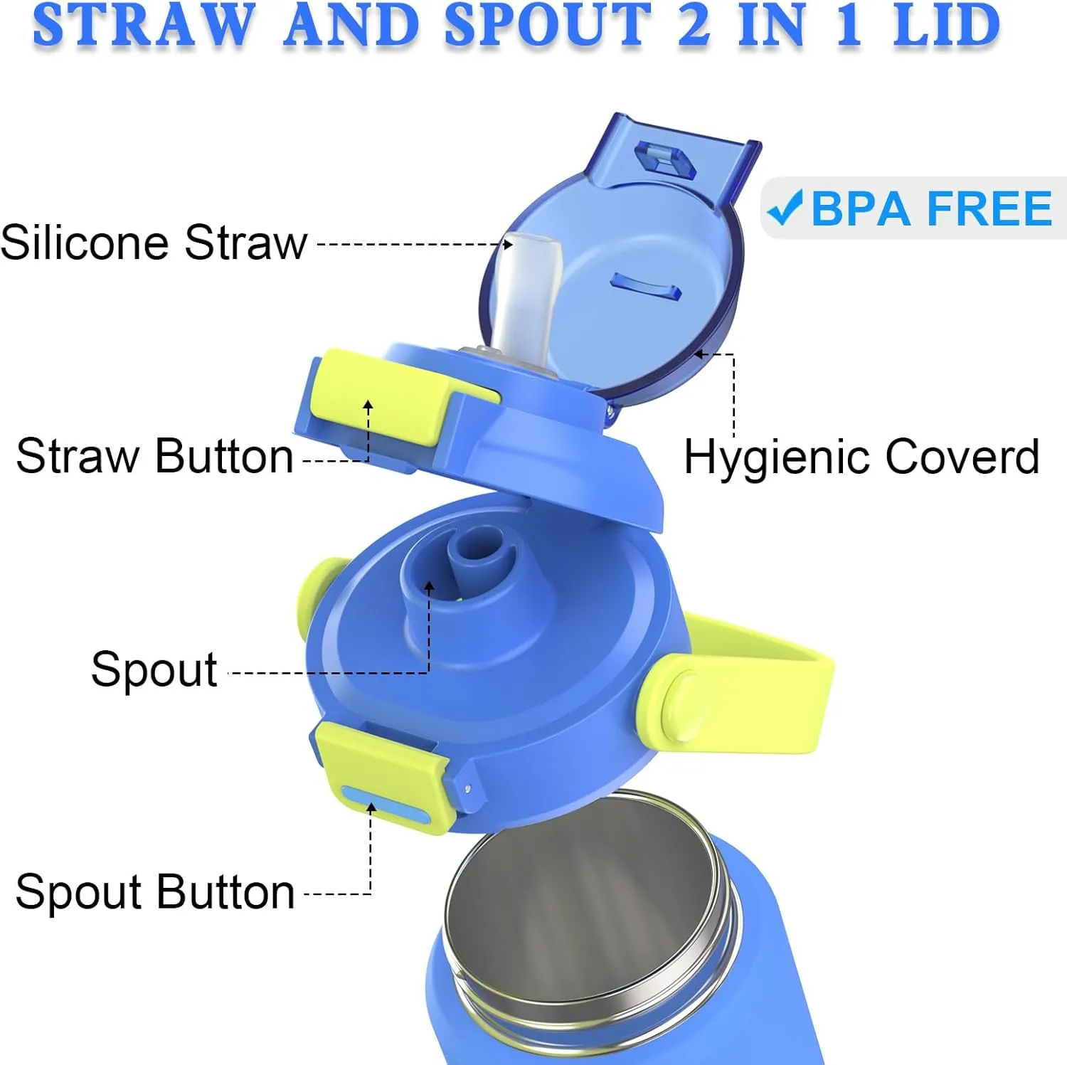 Kids Insulated Water Bottle with Pop-Open Straw & Spout 2-in-1 Lid,12oz Toddler Cups with Stainless Steel Leak Proof for School Travel Boys Girls（Blue）